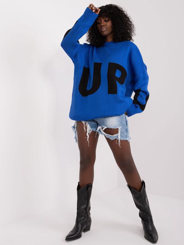 Fashionhunters Cobalt blue long oversize sweater with inscription