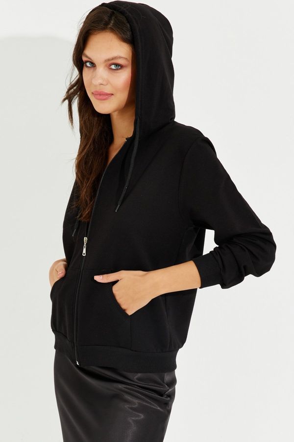 Cool & Sexy Cool & seksi ženska črna jakna z zadrgo s kapuco DY705