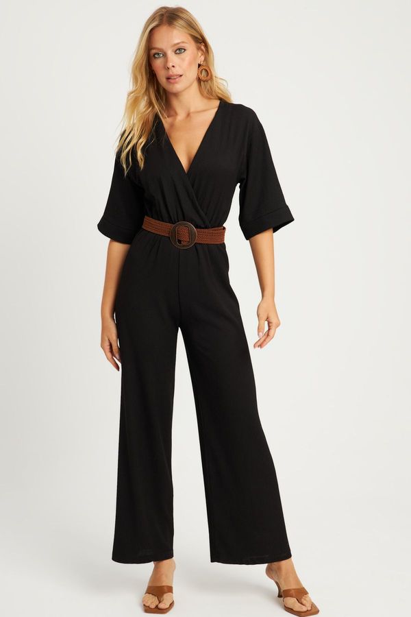 Cool & Sexy Cool & Sexy Women's Black Double Breasted Belted Wrap Jumpsuit