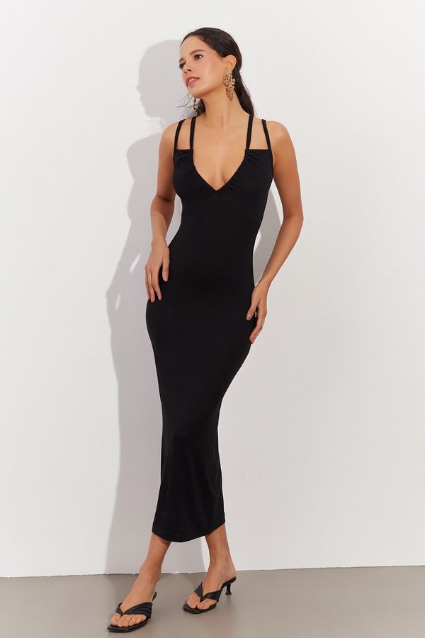 Cool & Sexy Cool & Sexy Women's Black Double-Straped V-Neck Midi Dress