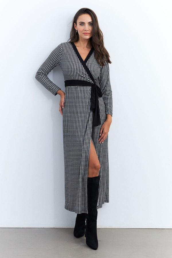 Cool & Sexy Cool & Sexy Women's Black-Ecru Double Breasted Houndstooth Maxi Dress