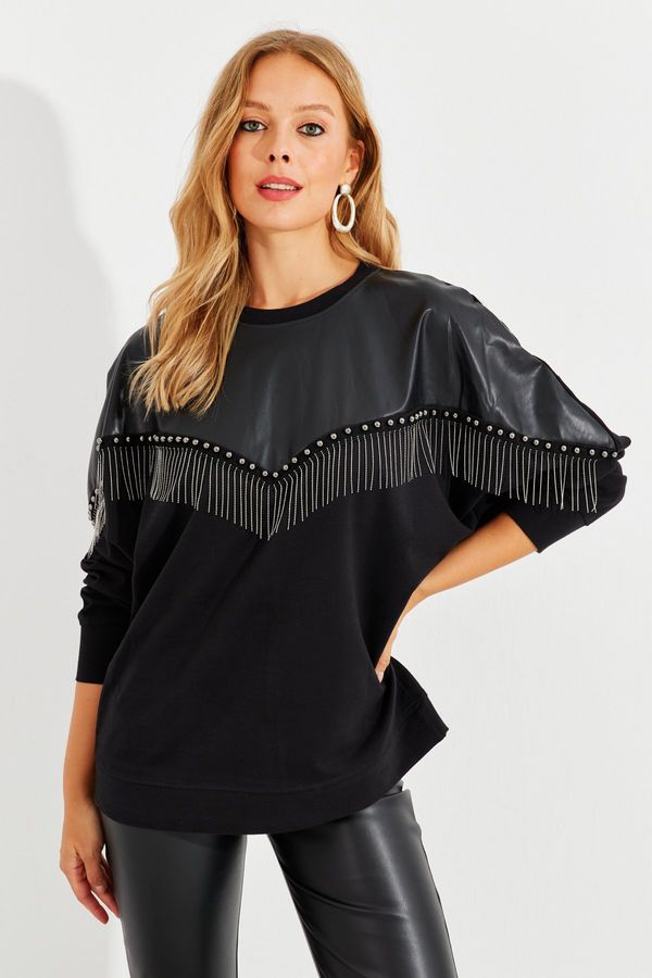 Cool & Sexy Cool & Sexy Women's Black Faux Leather Block Sweatshirt