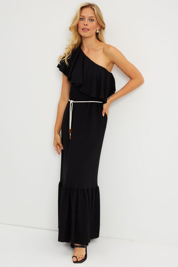 Cool & Sexy Cool & Sexy Women's Black Ruffled One-Shoulder Midi Dress