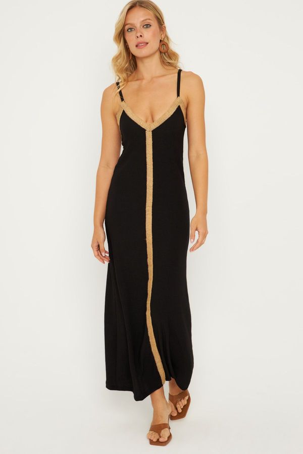 Cool & Sexy Cool & Sexy Women's Black Straw Detailed Wrinkled Midi Dress