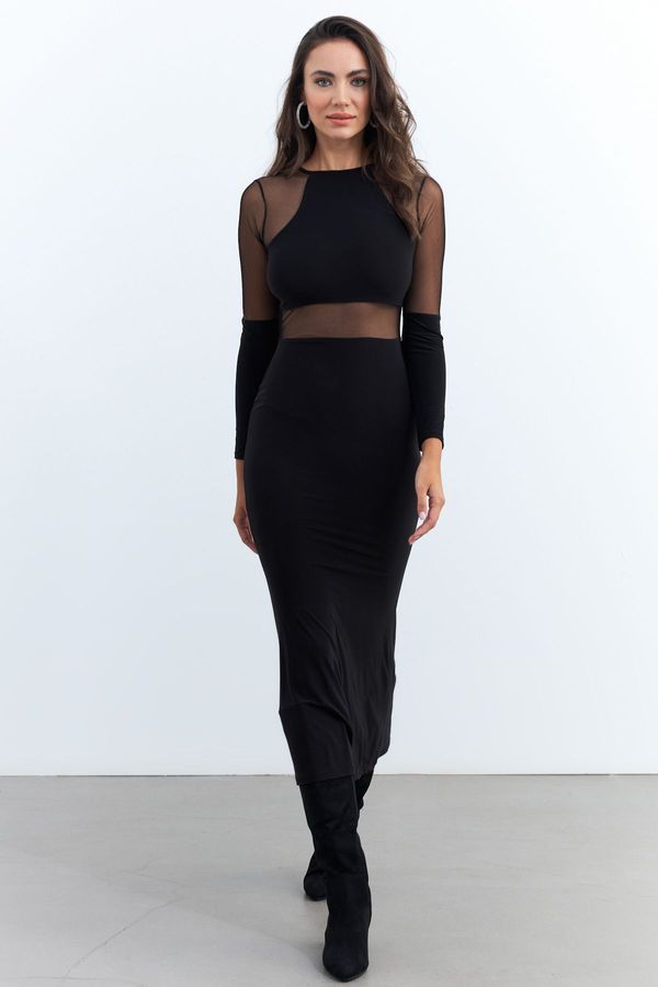 Cool & Sexy Cool & Sexy Women's Black Tulle Detailed Midi Dress