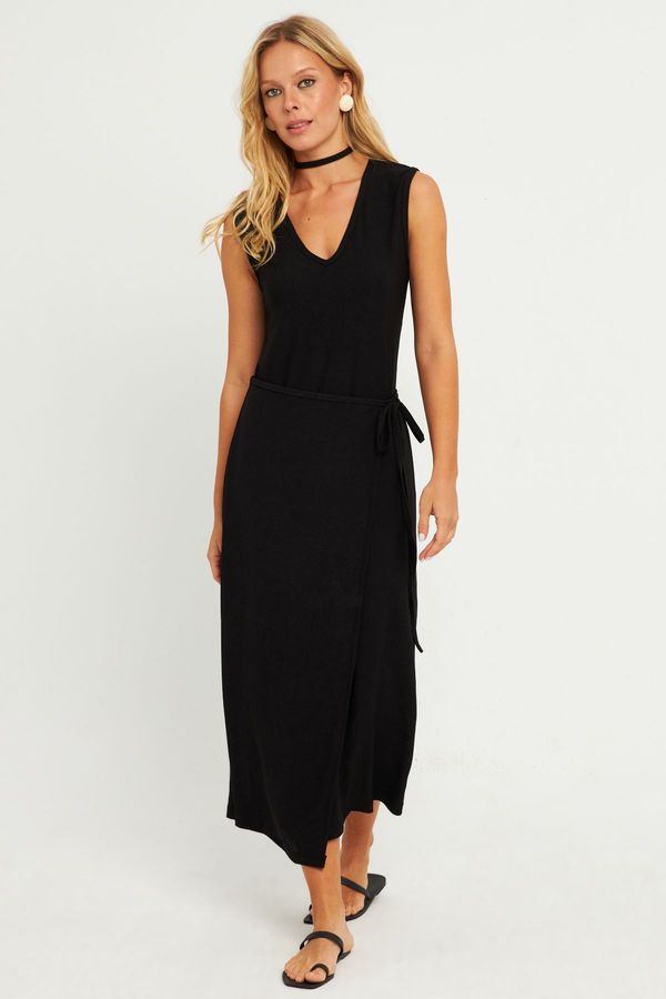 Cool & Sexy Cool & Sexy Women's Black Waist Tie Wrap Midi Dress