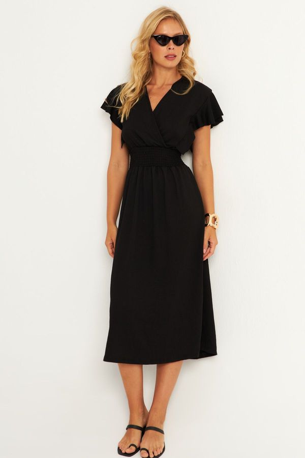 Cool & Sexy Cool & Sexy Women's Black Wrap Double Breasted Midi Dress