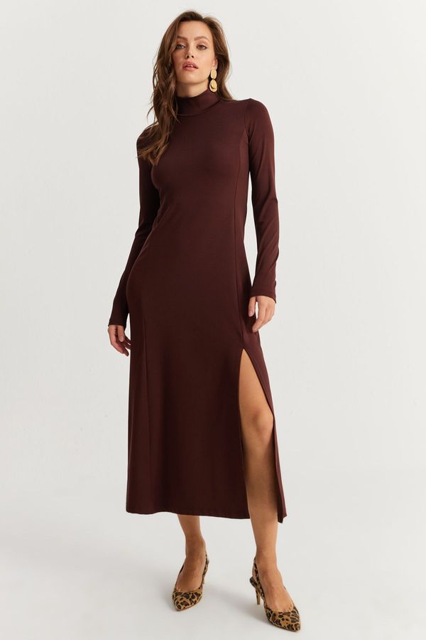 Cool & Sexy Cool & Sexy Women's Brown Turtleneck Midi Dress HOR15