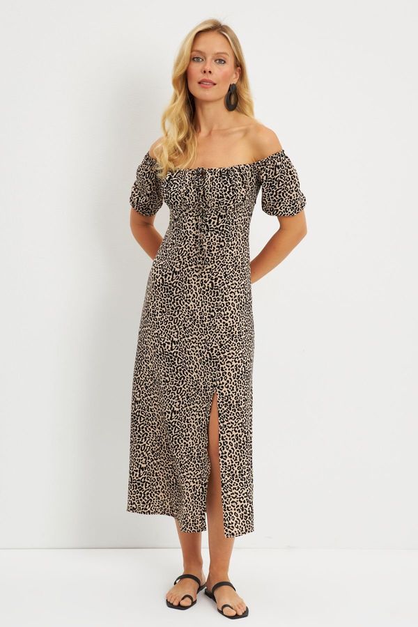 Cool & Sexy Cool & Sexy Women's Camel-Black Leopard Patterned Midi Dress