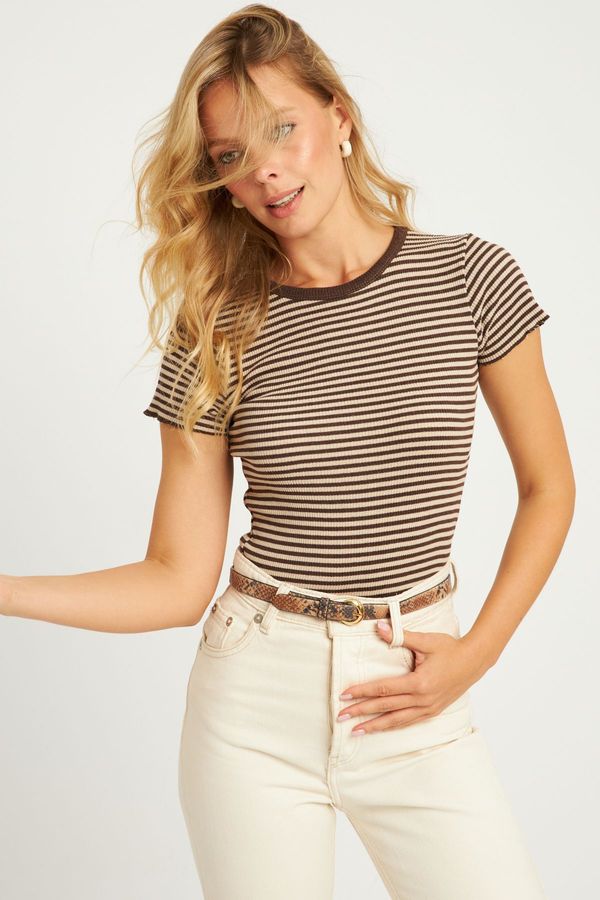 Cool & Sexy Cool & Sexy Women's Ecru-Brown Striped Blouse