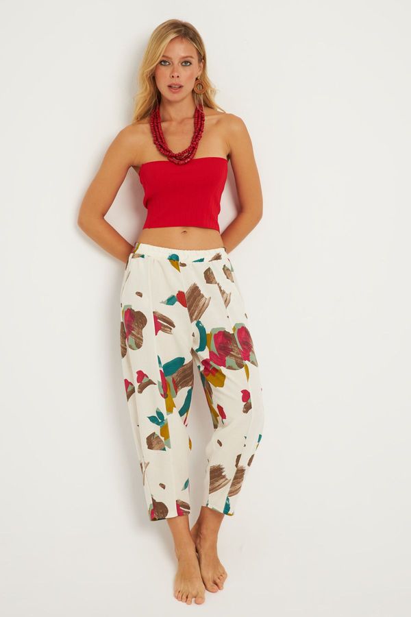 Cool & Sexy Cool & Sexy Women's Ecru-Fuchsia Patterned Linen Shalwar Trousers K1253