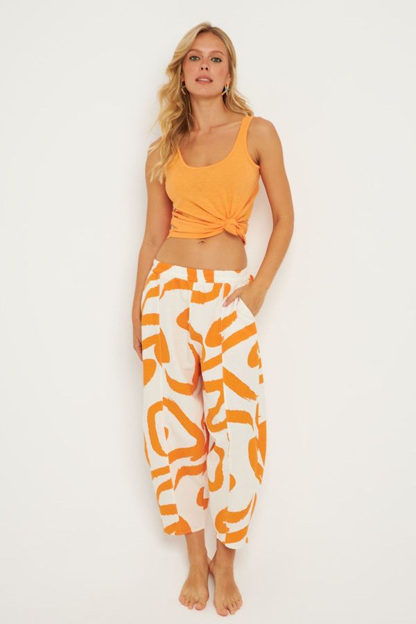 Cool & Sexy Cool & Sexy Women's Ecru-Orange Patterned Linen Shalwar Trousers K1253