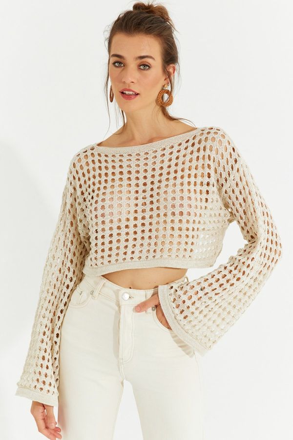 Cool & Sexy Cool & Sexy Women's Ecru Silvery Openwork Knitwear Short Blouse YV141