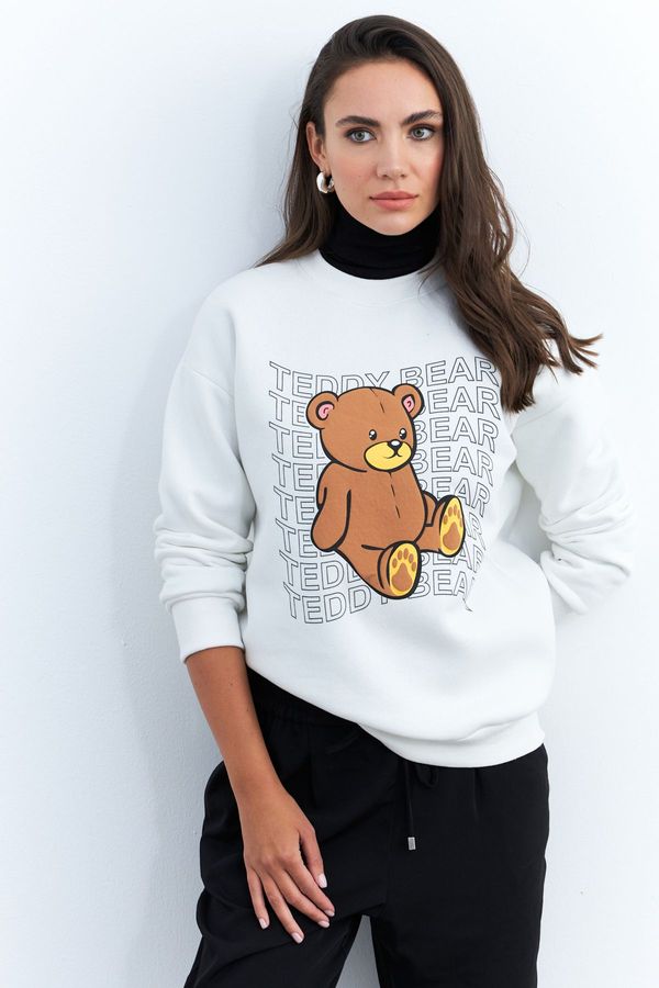 Cool & Sexy Cool & Sexy Women's Ecru Teddy Bear Printed Sweatshirt ZM288