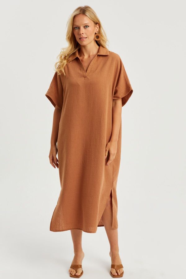 Cool & Sexy Cool & Sexy Women's Tan Linen Midi Dress DMR85