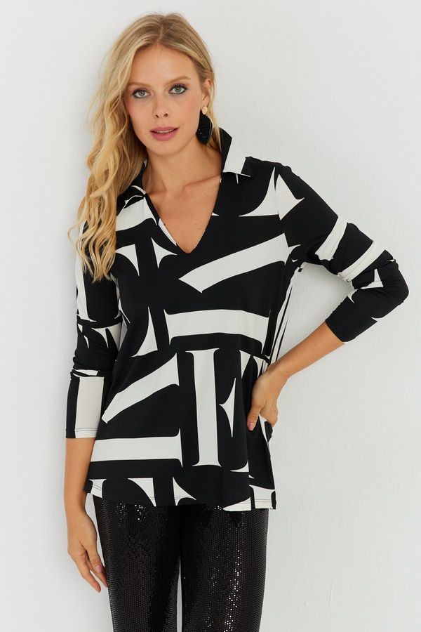 Cool & Sexy Cool & Sexy Women's White-Black Patterned Polo Neck Blouse