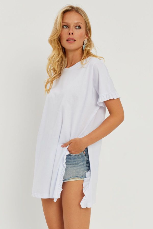 Cool & Sexy Cool & Sexy Women's White Ruffle Long T-Shirt