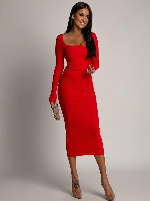 FASARDI Coral midi pencil dress with diamond neckline