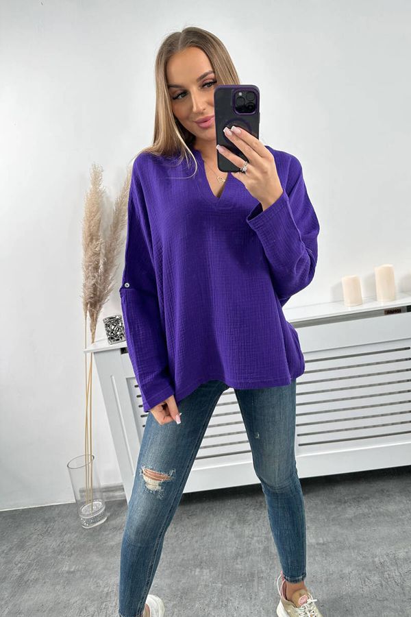 Kesi Cotton blouse with rolled up sleeves in dark purple color