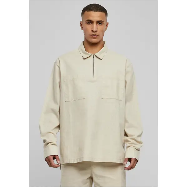 Urban Classics Cotton linen polo shirt with zipper softseagrass