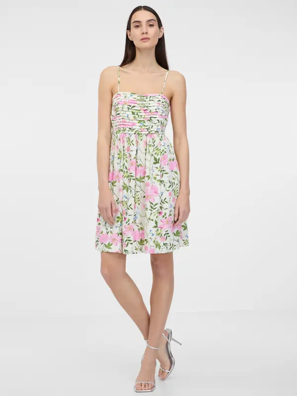 Orsay Creamy women's floral dress with linen blend ORSAY