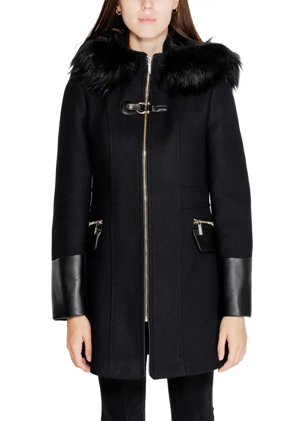 Morgan De Toi Črn plašč s krznenim ovratnikom
