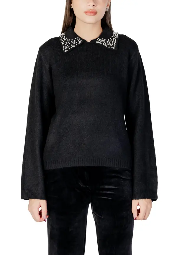 Jacqueline de Yong Črn pulover z okrasnim ovratnikom