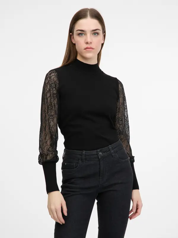 Orsay Črn ženski pulover s čipkastimi rokavi