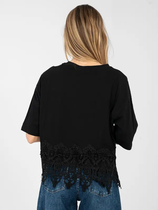 Factory Price Črna bluza s čipkasto obrobo