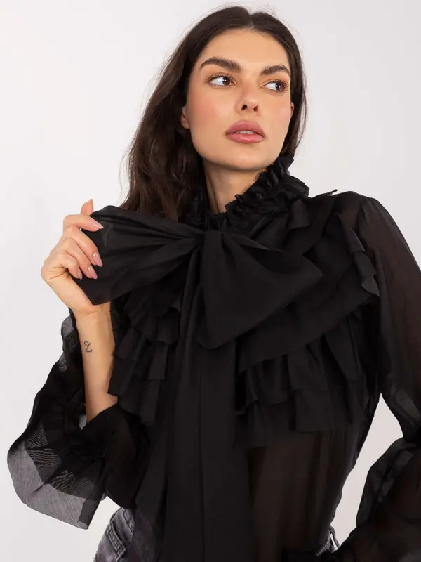 Factory Price Črna bluza z volančki in pentljo