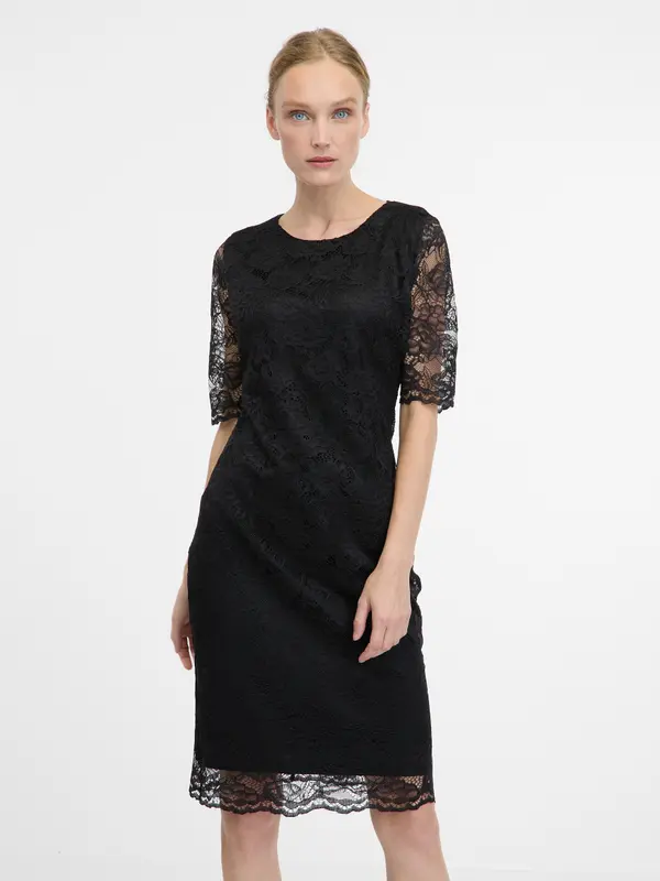 Orsay Črna čipkasta obleka s tankimi rokavi