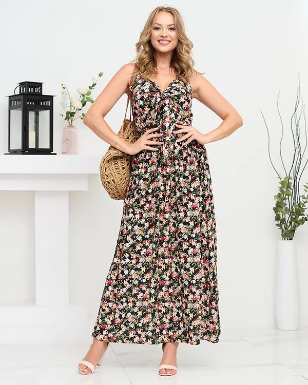 Resti Črna cvetlična maksi obleka z naramnicami