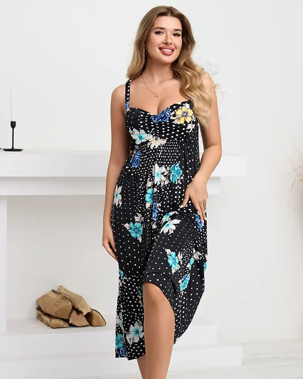 Resti Črna midi obleka s pikčastimi naramnicami