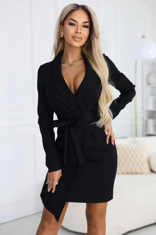 NUMOCO Črna obleka z blazerjem, pasom in asimetričnim robom