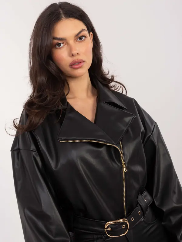 RUE PARIS Črna usnjena jakna s pasom