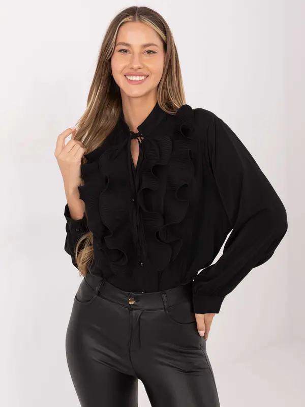 Factory Price Črna vzorčasta bluza z volančki