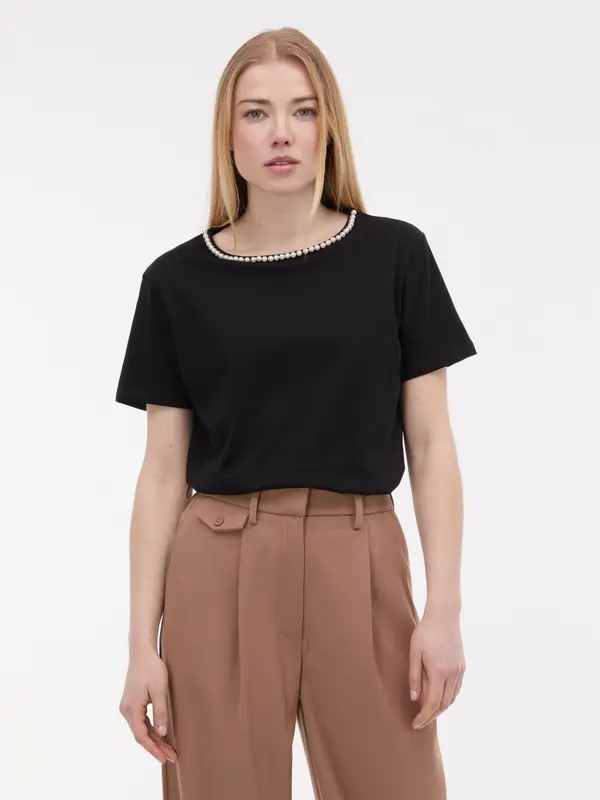 Orsay Črna ženska majica s kratkimi rokavi in ​​aplikacijo ORSAY