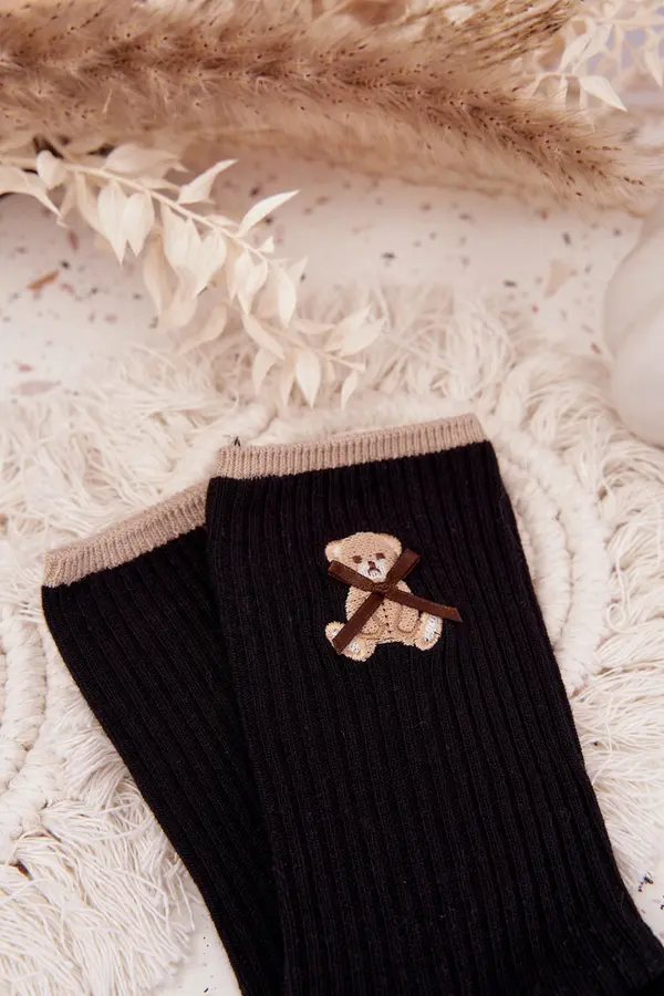 Aura.via Črne črtaste nogavice z medvedkom