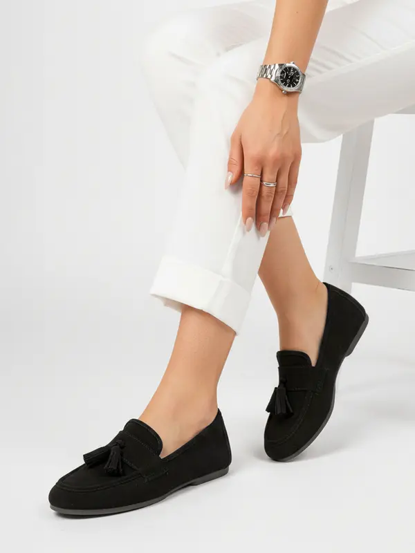 DStreet Črni mokasini z okrasnimi resicami