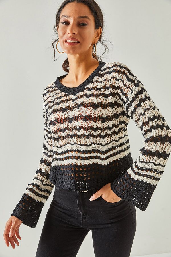 Olalook Črno-beli pulover za ženske posadke za vrat Olalook bombažne pletenine