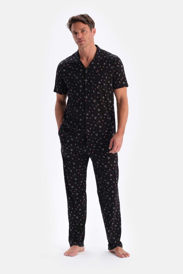 Dagi Dagi Black Size Printed Cotton Modal Shirt Pants Pajamas Set