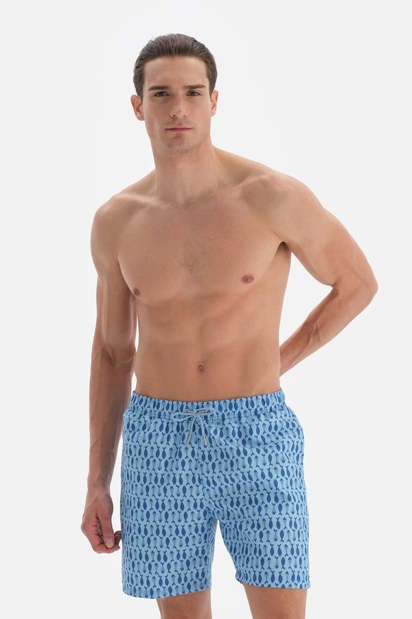 Dagi Dagi Blue Fishbone Fish Pattern Mid Sea Shorts