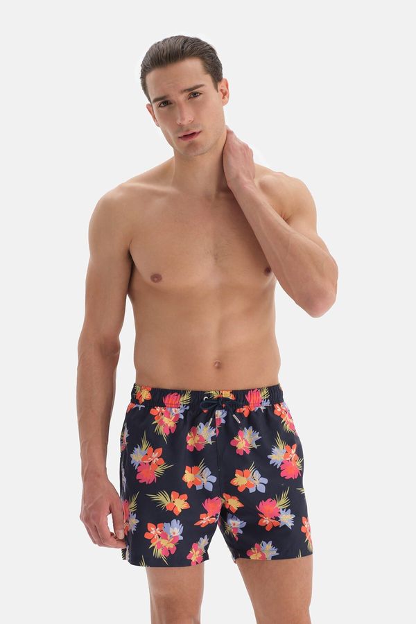 Dagi Dagi Navy Blue - Pink Floral Patterned Short Swim Shorts