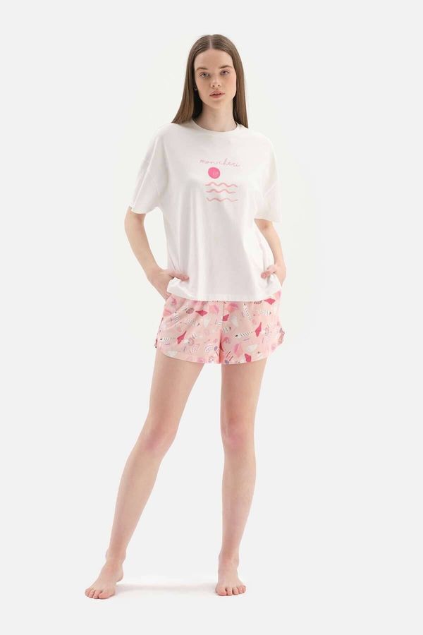 Dagi Dagi Off-White Meter Printed Cotton Shorts Pajama Set