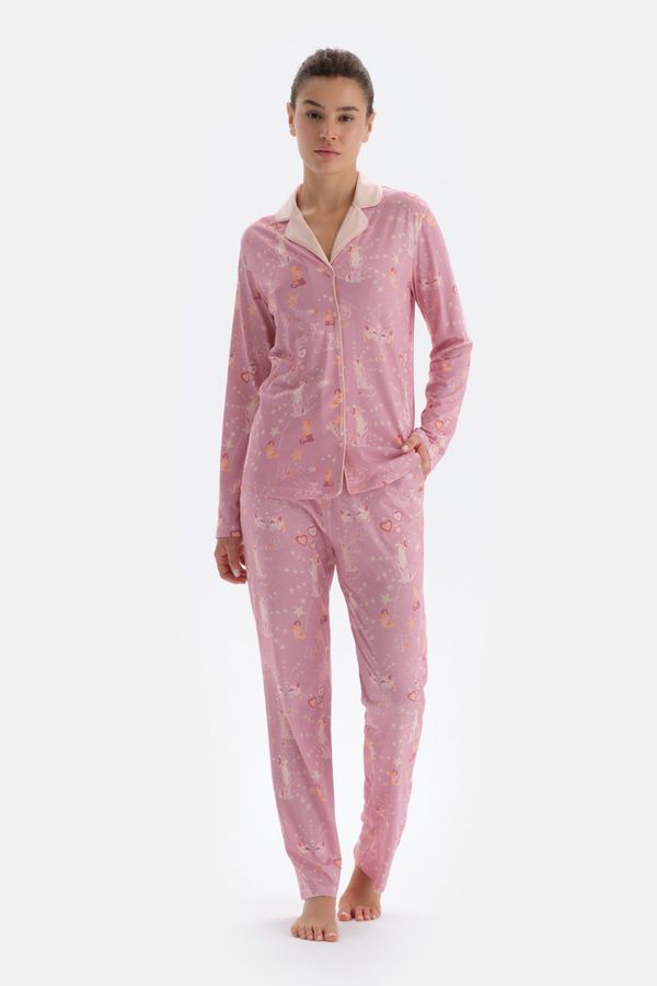 Dagi Dagi Pink Printed Shirt Pants Pajamas Set