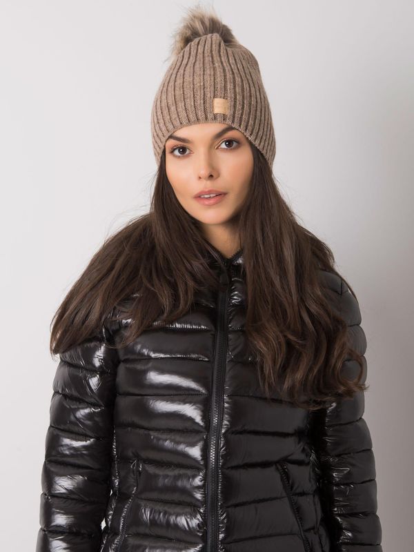 Fashionhunters Dark beige cap with pompom