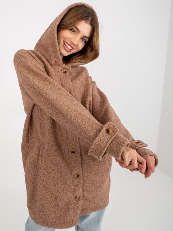 Fashionhunters Dark beige plush coat with button fastening