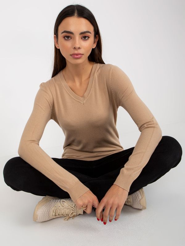 Fashionhunters Dark beige women's classic sweater with neckline