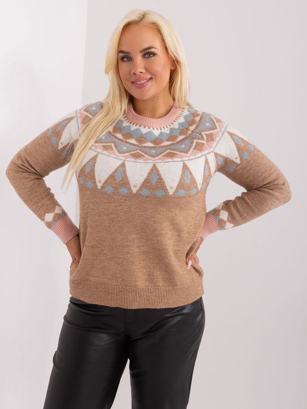 Fashionhunters Dark beige women's sweater plus size with patterns