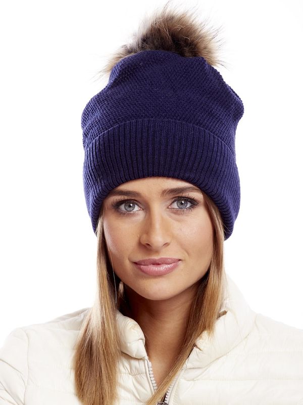 Fashionhunters Dark blue cap with fur pompom